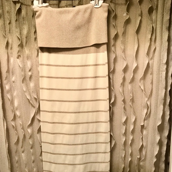 Bebe New Strapless Fold Over Metallic Gold and Cream Knit Dress New with Tags - Picture 3 of 6